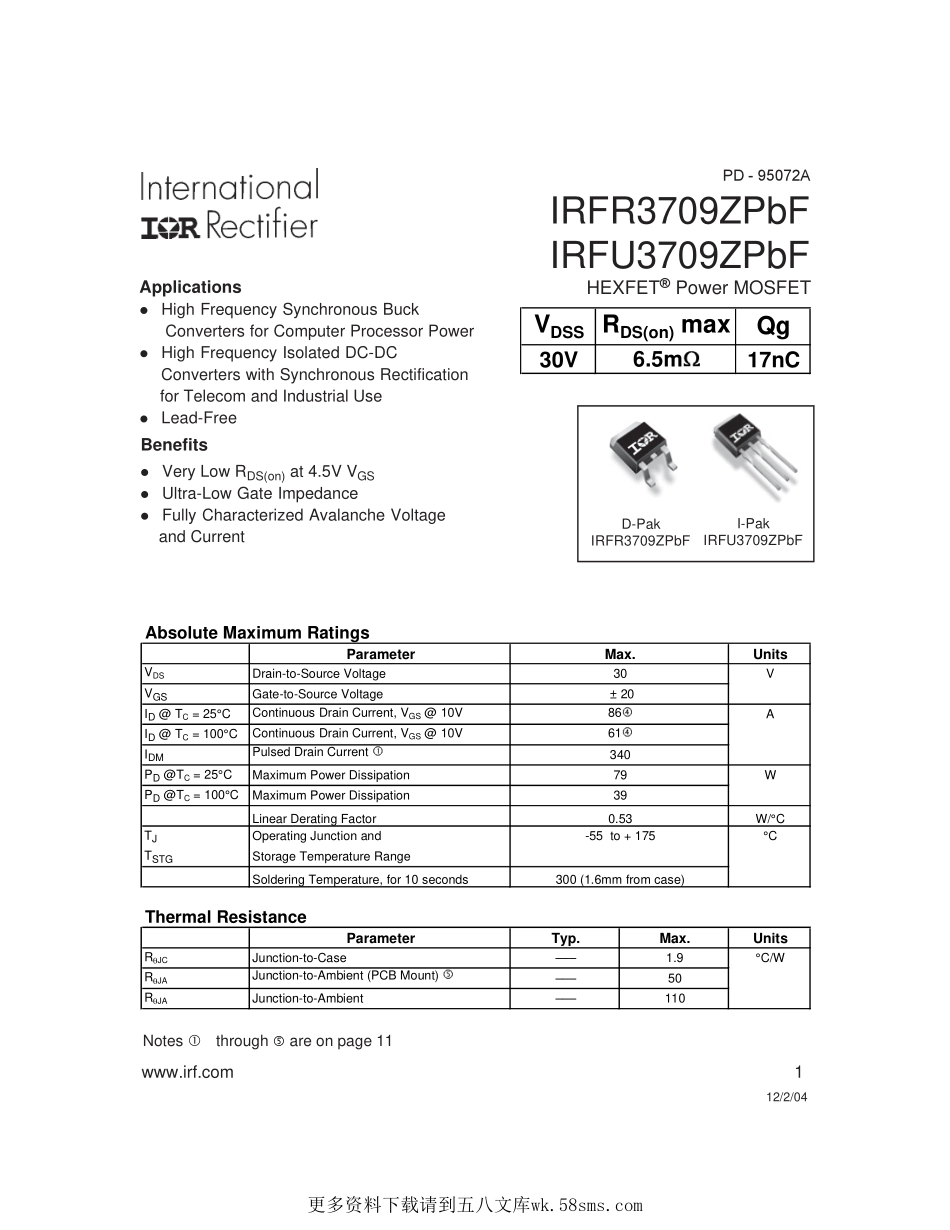 IC封装资料_三极管_IRFR3709ZTRPBF.pdf_第1页