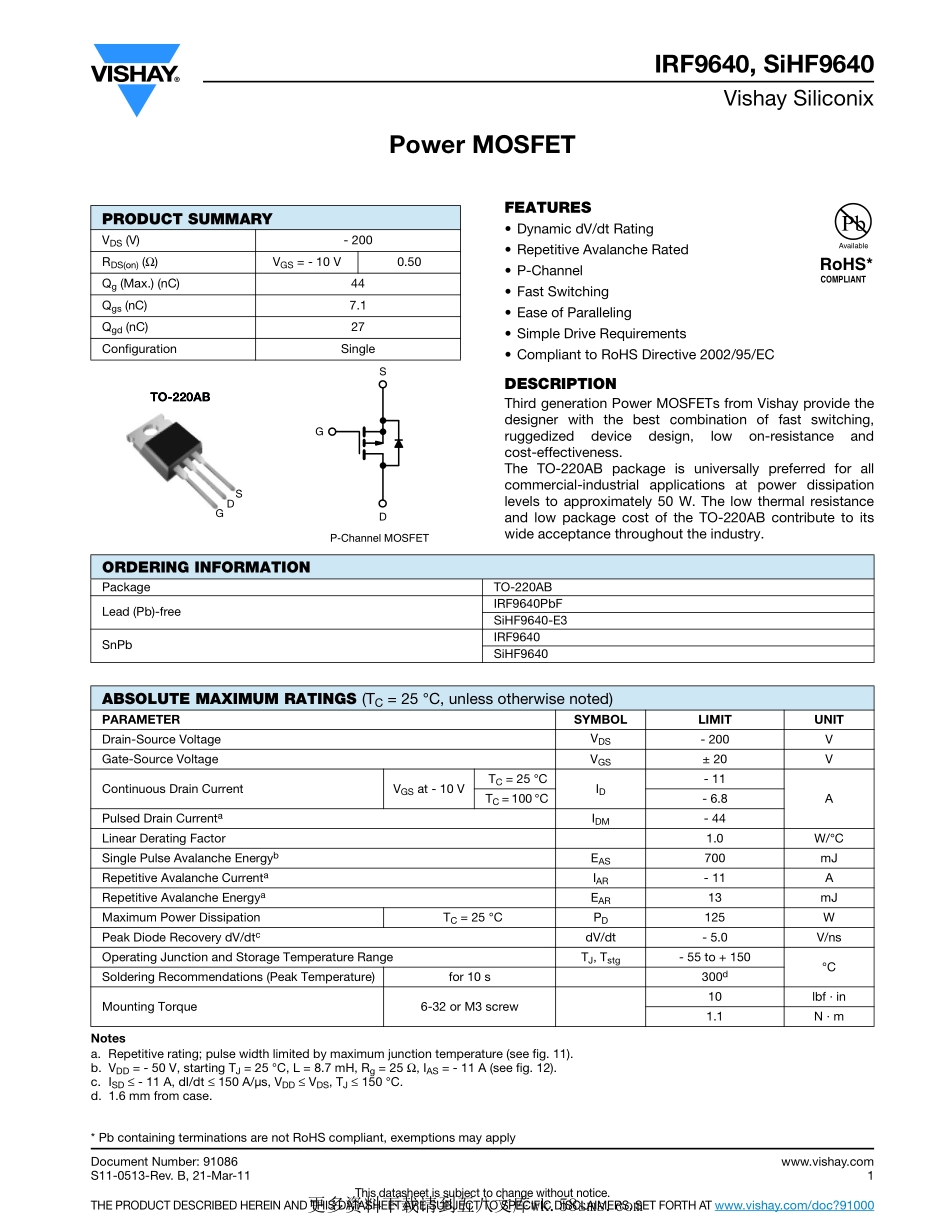 IC封装资料_三极管_IRF9640PBF.pdf_第1页