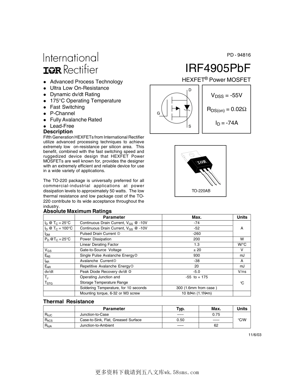 IC封装资料_三极管_IRF4905PBF.pdf_第1页