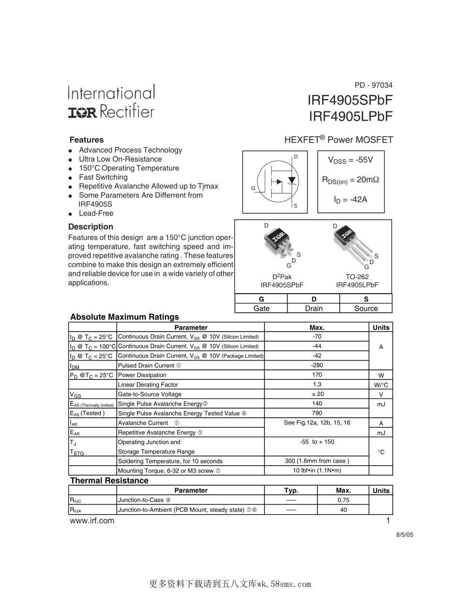 IC封装资料_三极管_IRF4905STRLPBF.pdf_第1页