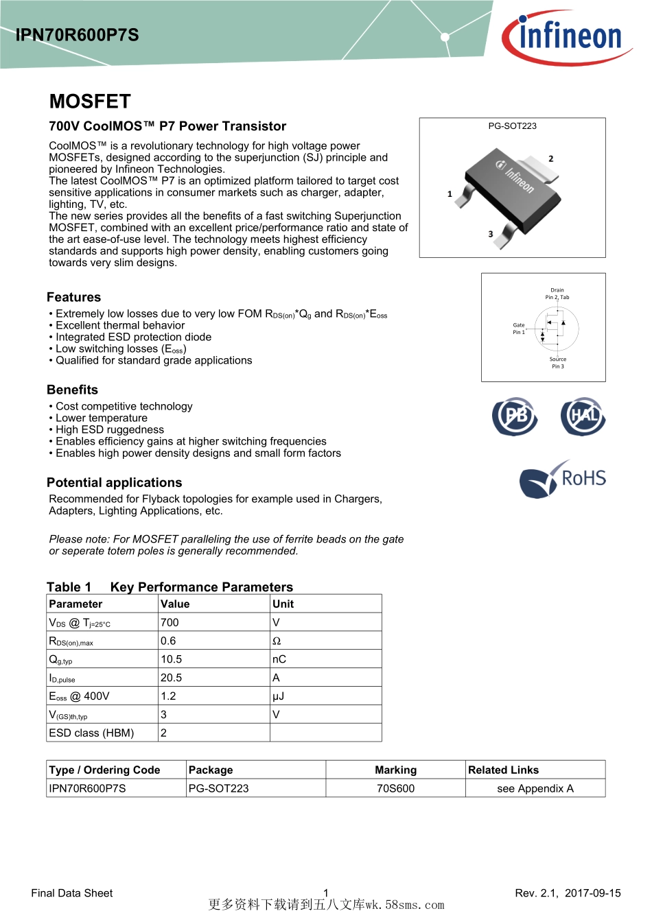 IC封装资料_三极管_IPN70R600P7SATMA1.pdf_第1页