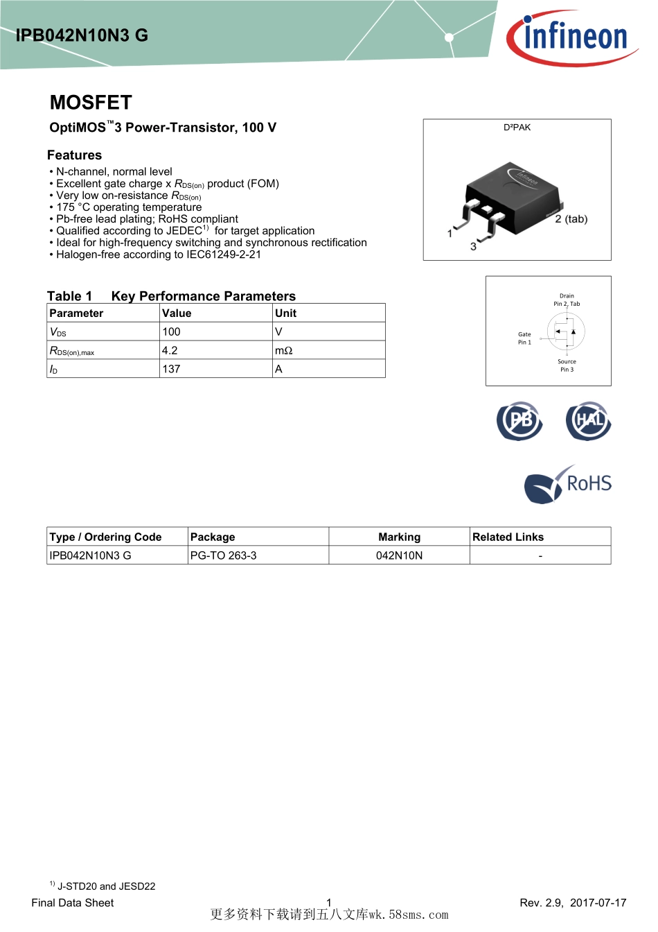 IC封装资料_三极管_IPB042N10N3GATMA1.pdf_第1页