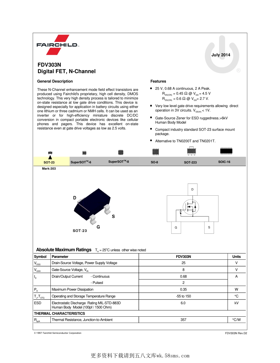 IC封装资料_三极管_FDV303N.pdf_第1页