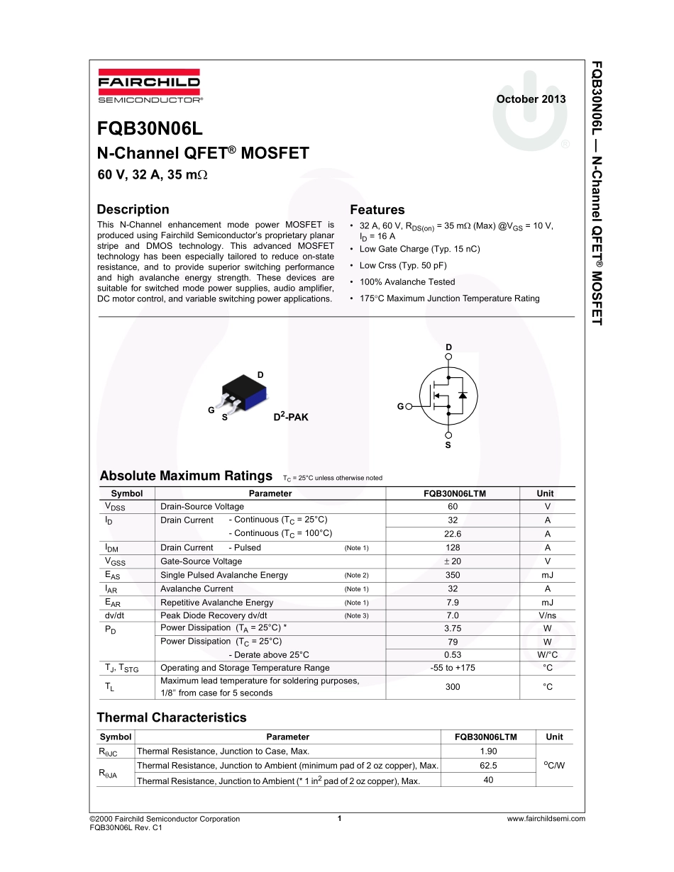 IC封装资料_三极管_FQB30N06LTM.pdf_第2页