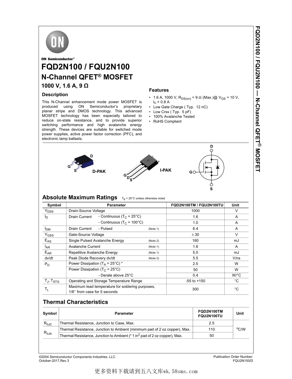 IC封装资料_三极管_FQD2N100TM.pdf_第1页