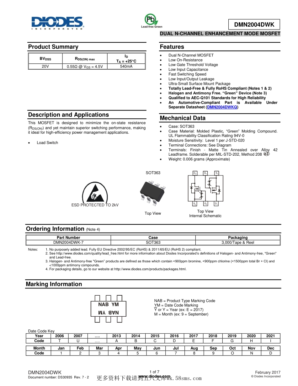 IC封装资料_三极管_DMN2004DWK-7.pdf_第1页