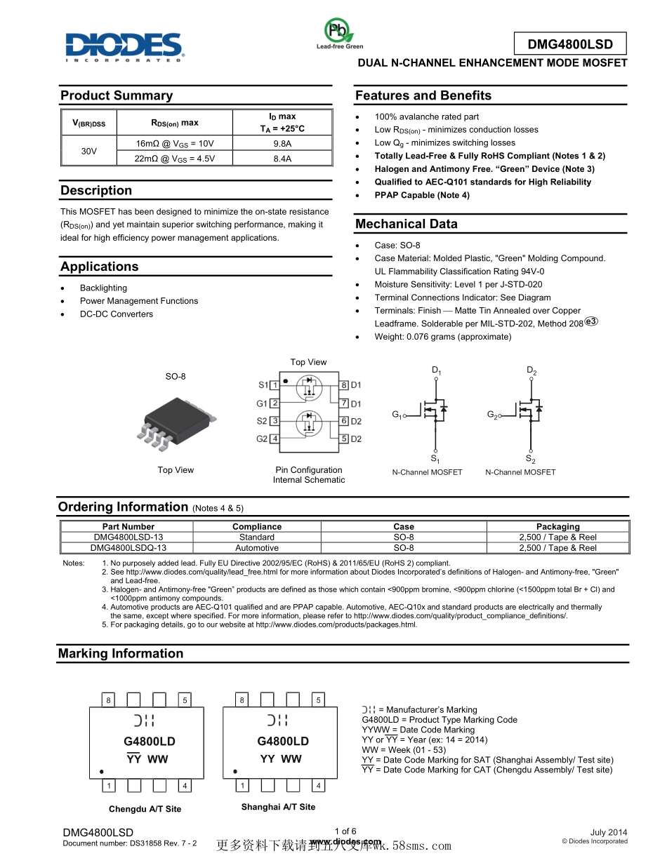 IC封装资料_三极管_DMG4800LSD-13.pdf_第1页