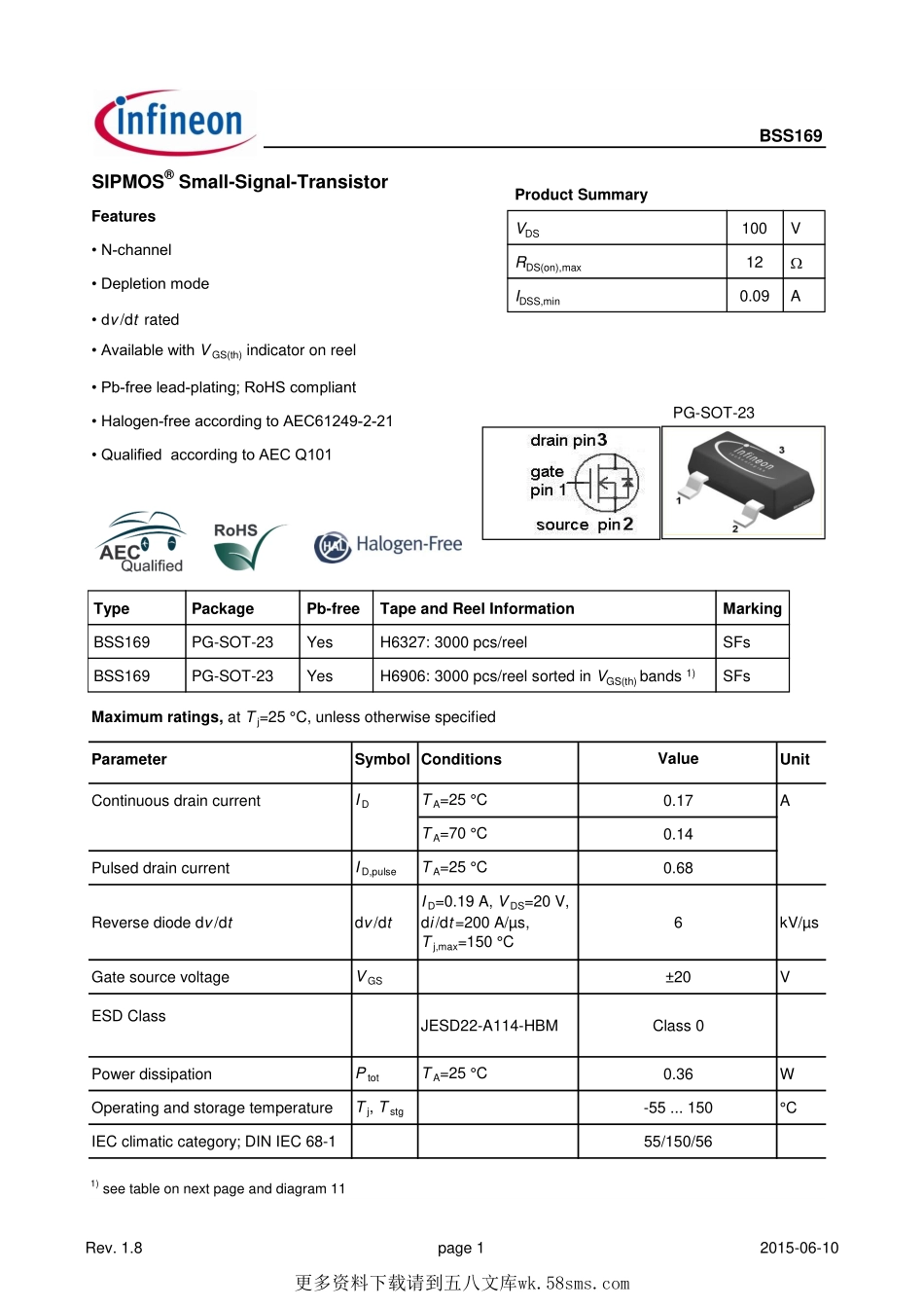 IC封装资料_三极管_BSS169H6327XTSA1.pdf_第1页