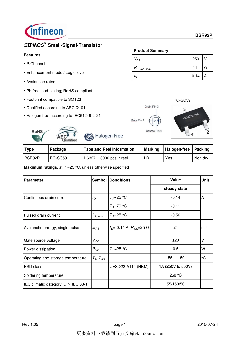 IC封装资料_三极管_BSR92_PH6327.pdf_第1页