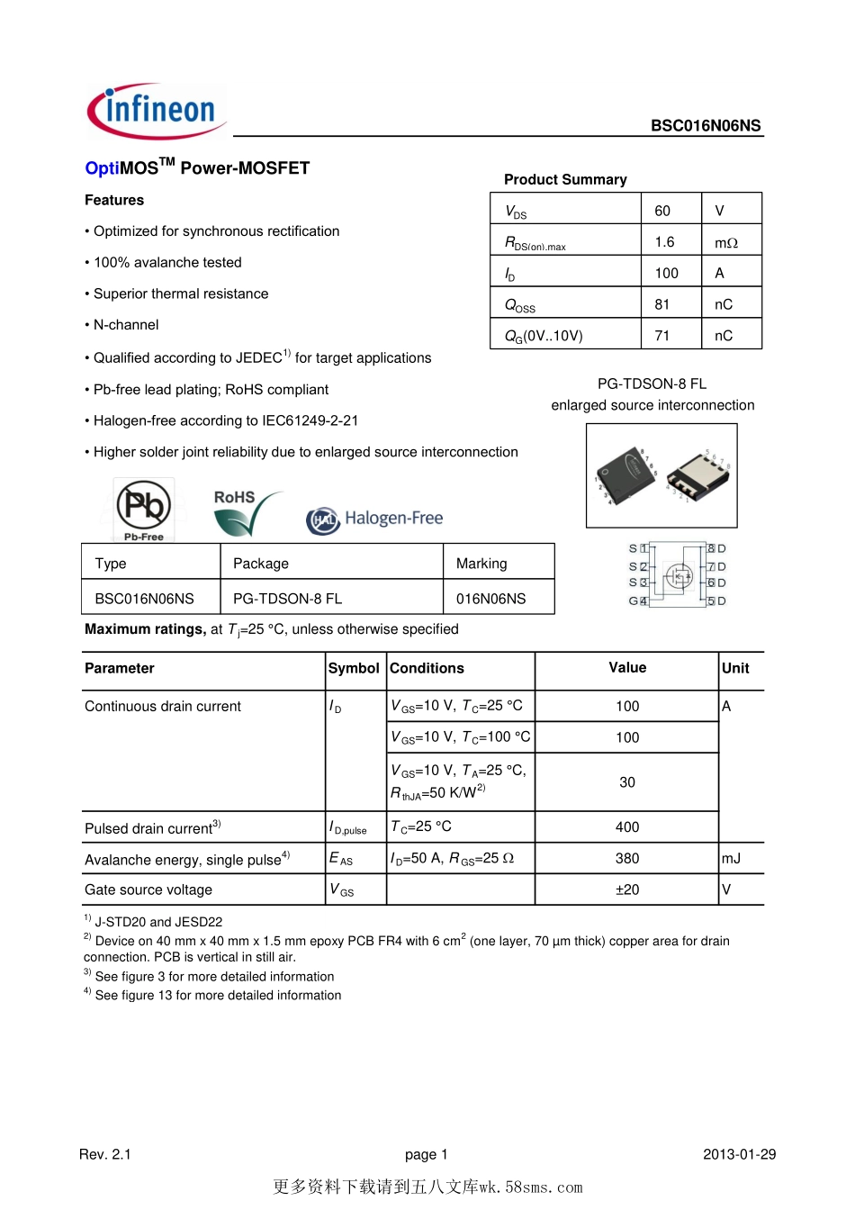 IC封装资料_三极管_BSC016N06NSATMA1.pdf_第1页