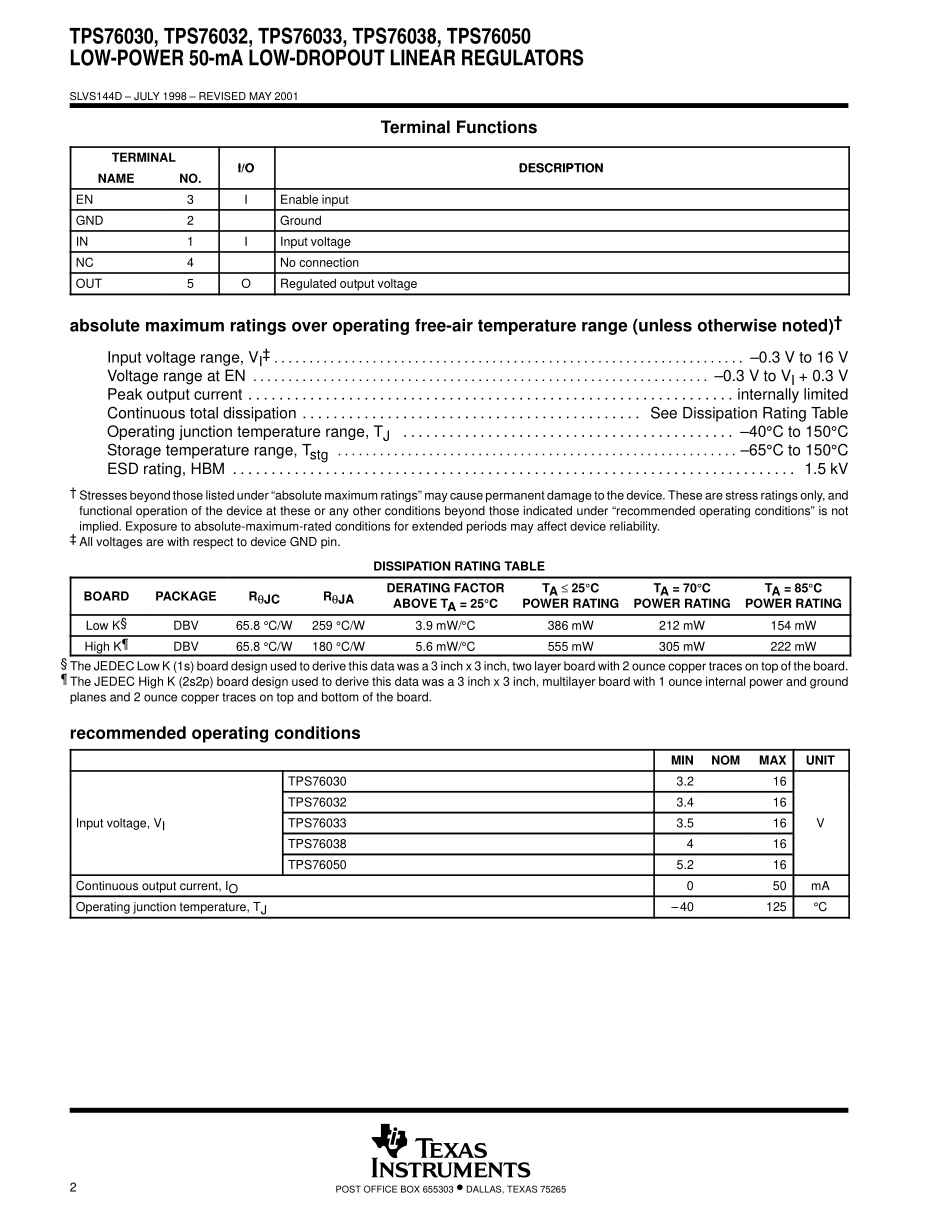 IC封装资料_电源管理芯片_TPS76030DBVR.pdf_第2页