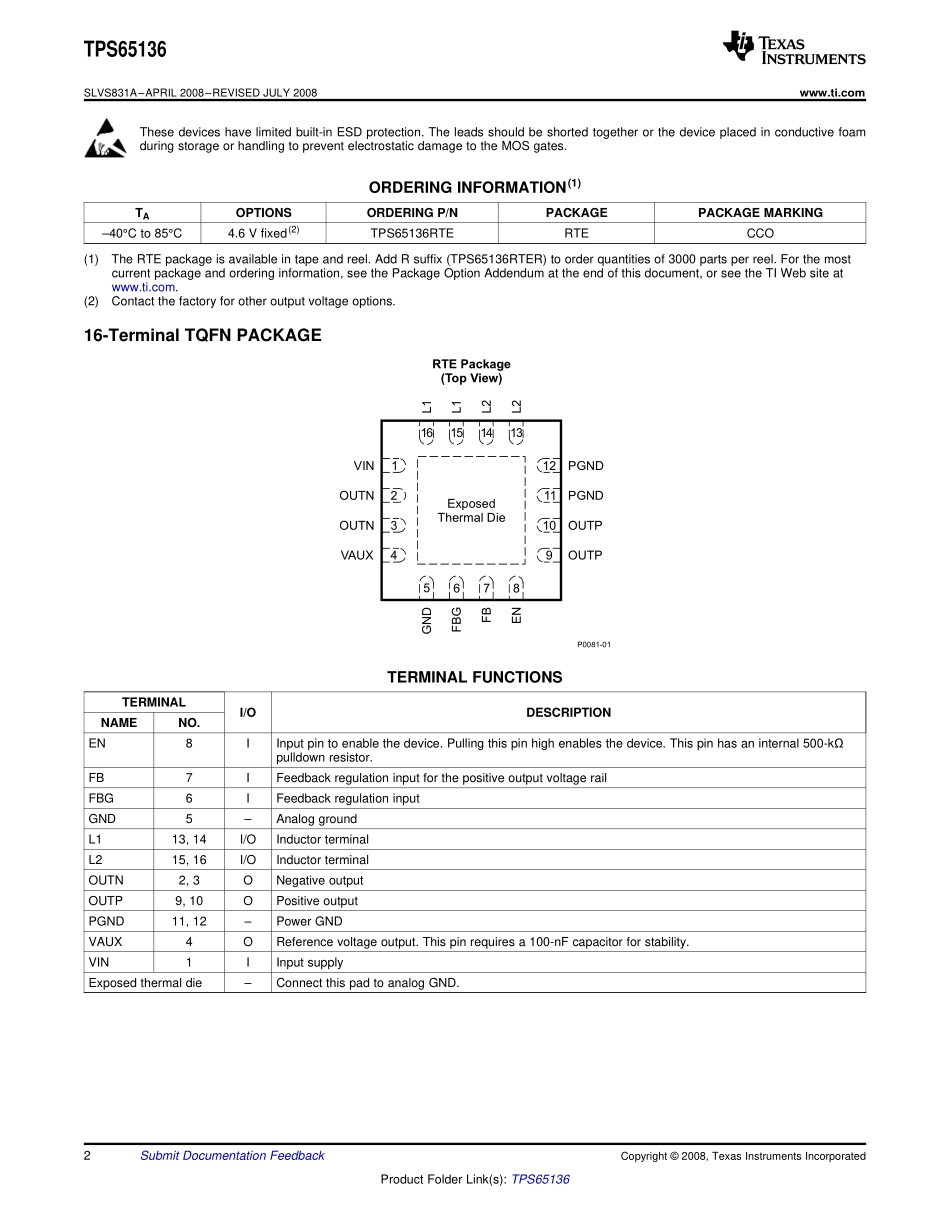 IC封装资料_电源管理芯片_TPS65136RTER.pdf_第2页