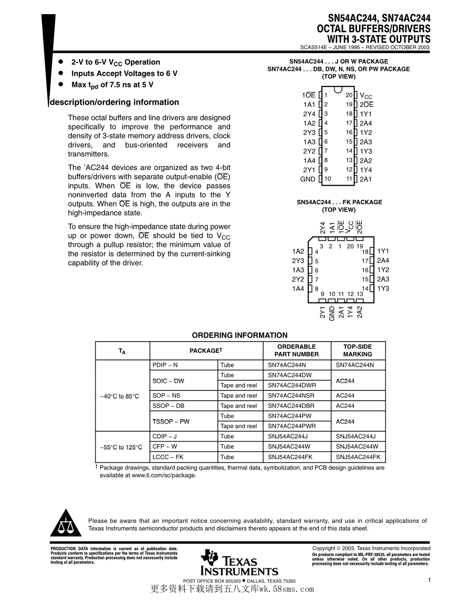 IC封装资料_逻辑及时序器件_SN74AC244DWR.pdf_第1页