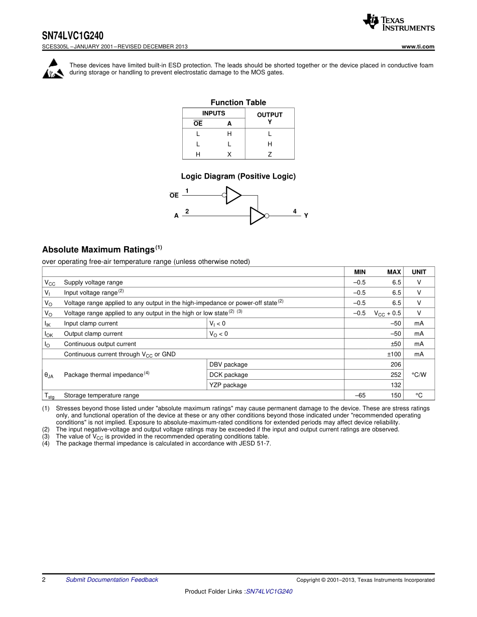 IC封装资料_逻辑及时序器件_74LVC1G240DCKRE4.pdf_第2页