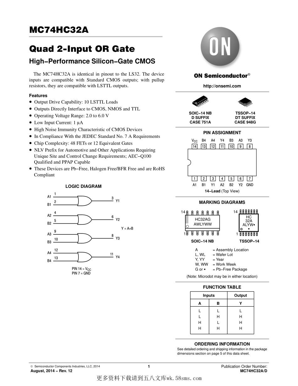 IC封装资料_逻辑及时序器件_MC74HC32ADG.pdf_第1页