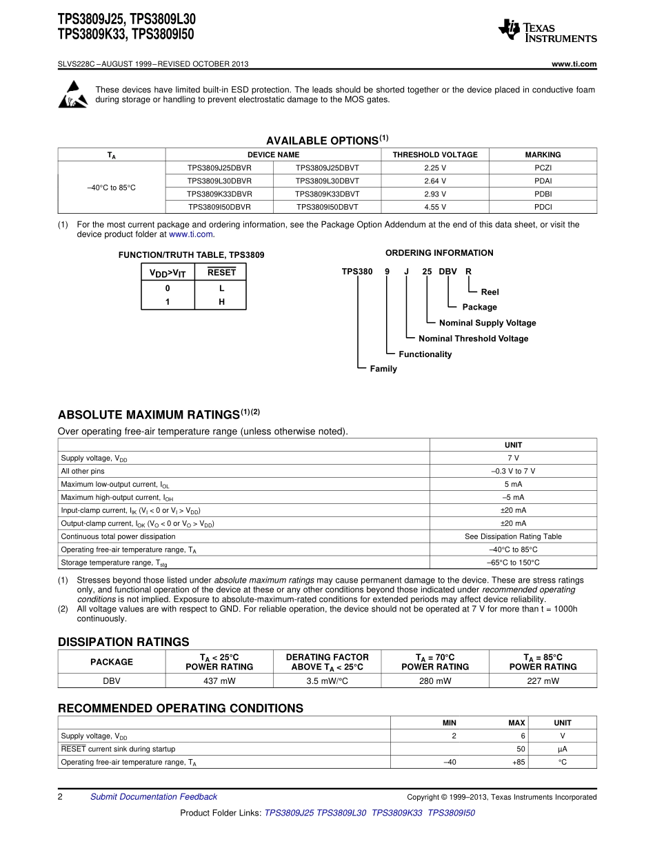 IC封装资料_电源管理芯片_TPS3809K33DBVR.pdf_第2页