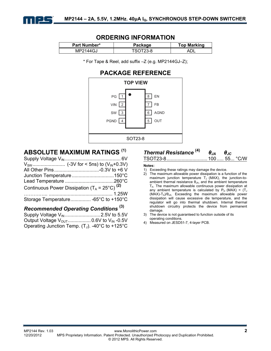 IC封装资料_电源管理芯片_MP2144GJ-Z.pdf_第2页