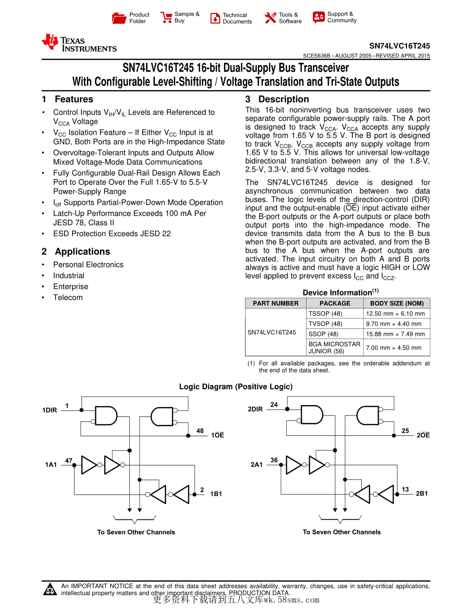 IC封装资料_接口及驱动芯片_SN74LVC16T245DGGR.pdf_第1页