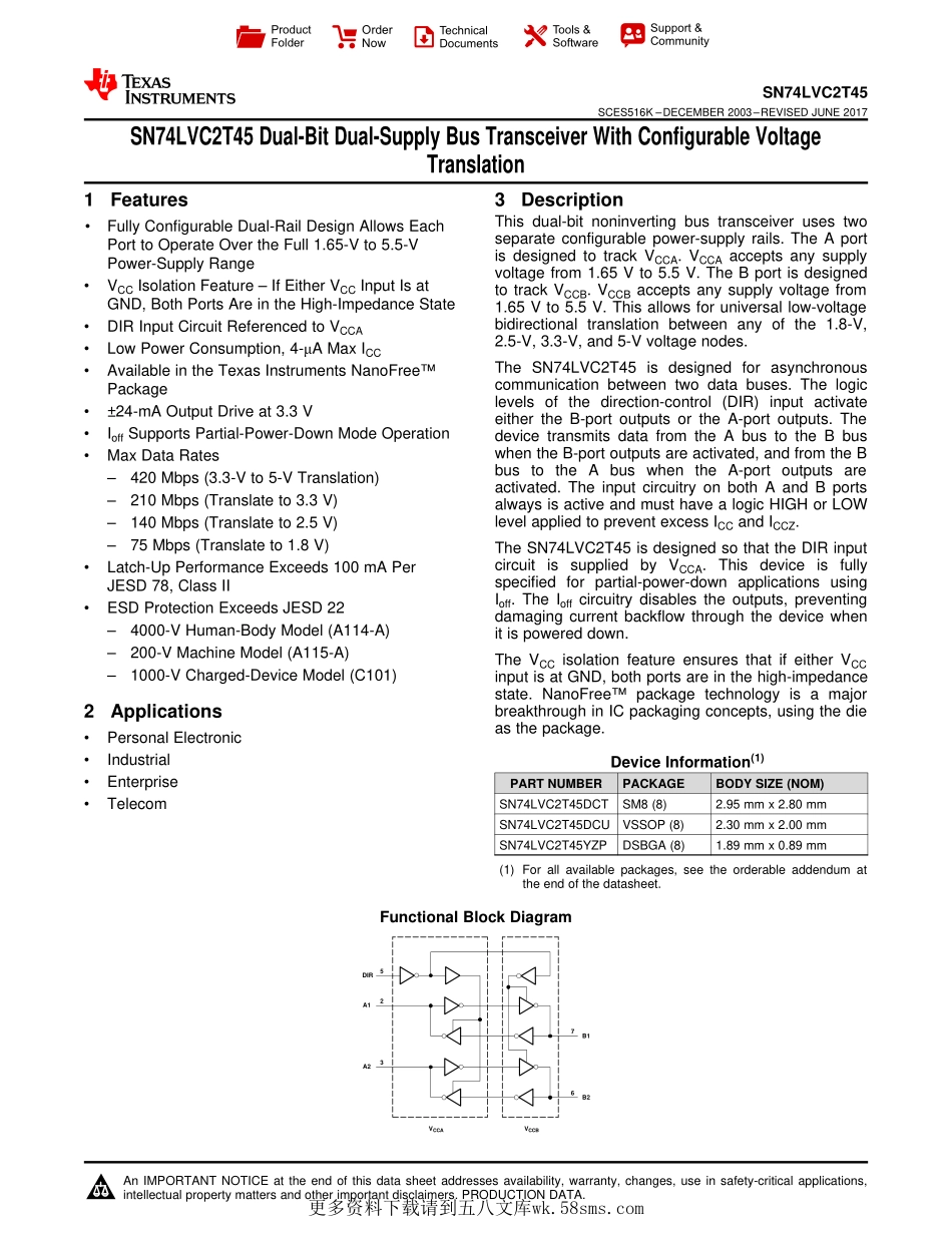 IC封装资料_接口及驱动芯片_SN74LVC2T45DCU.pdf_第1页