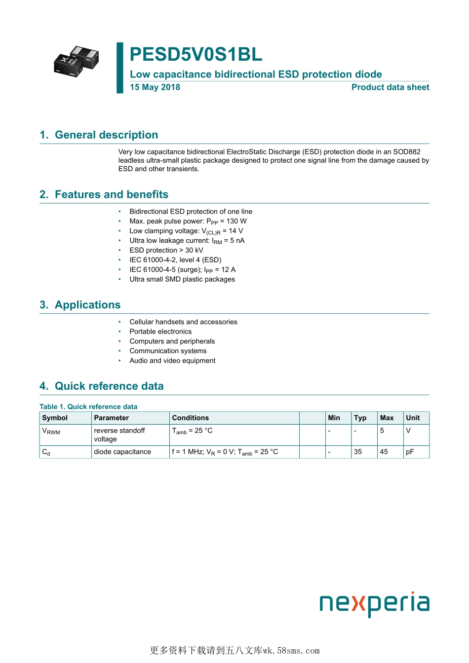 IC封装资料_过压保护_PESD5V0S1BL.pdf_第1页