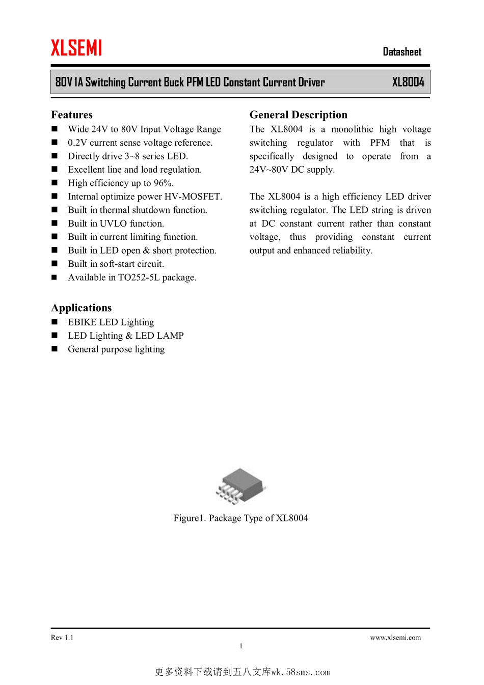 IC封装资料_电源管理芯片_XL8004.pdf_第1页