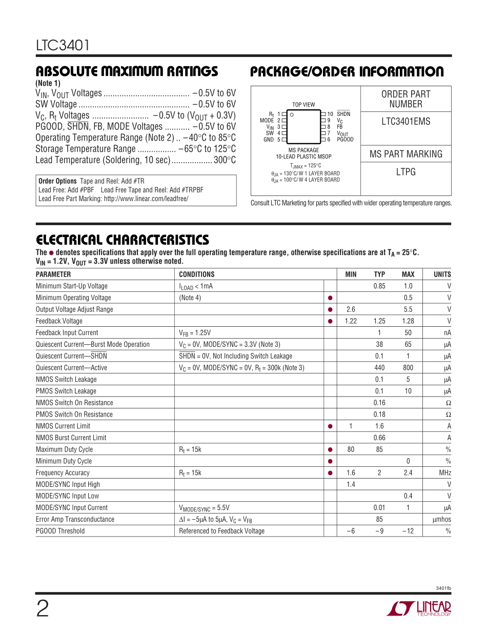 IC封装资料_电源管理芯片_LTC3401EMS_TRPBF.pdf_第2页