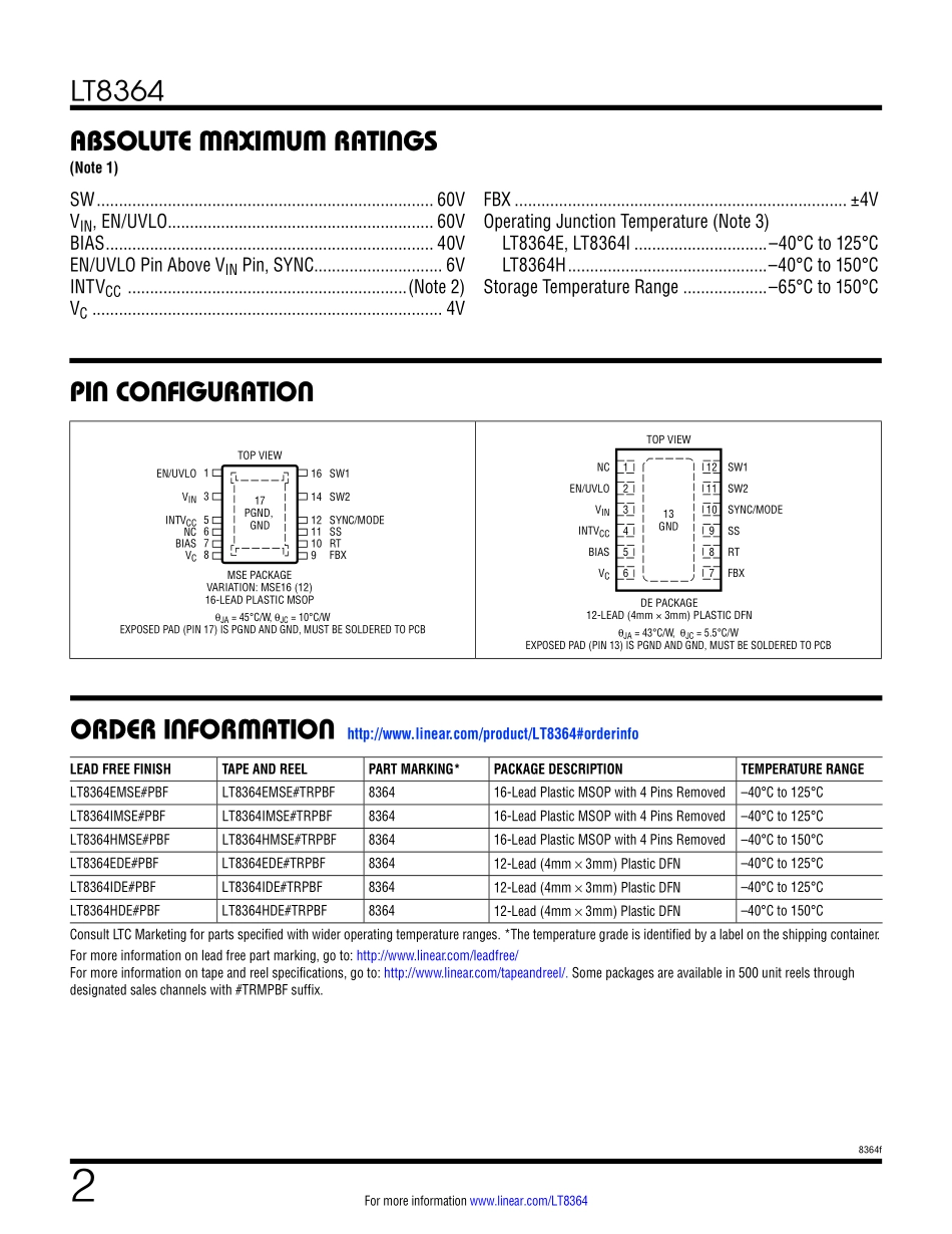 IC封装资料_电源管理芯片_LT8364EMSE_PBF.pdf_第2页