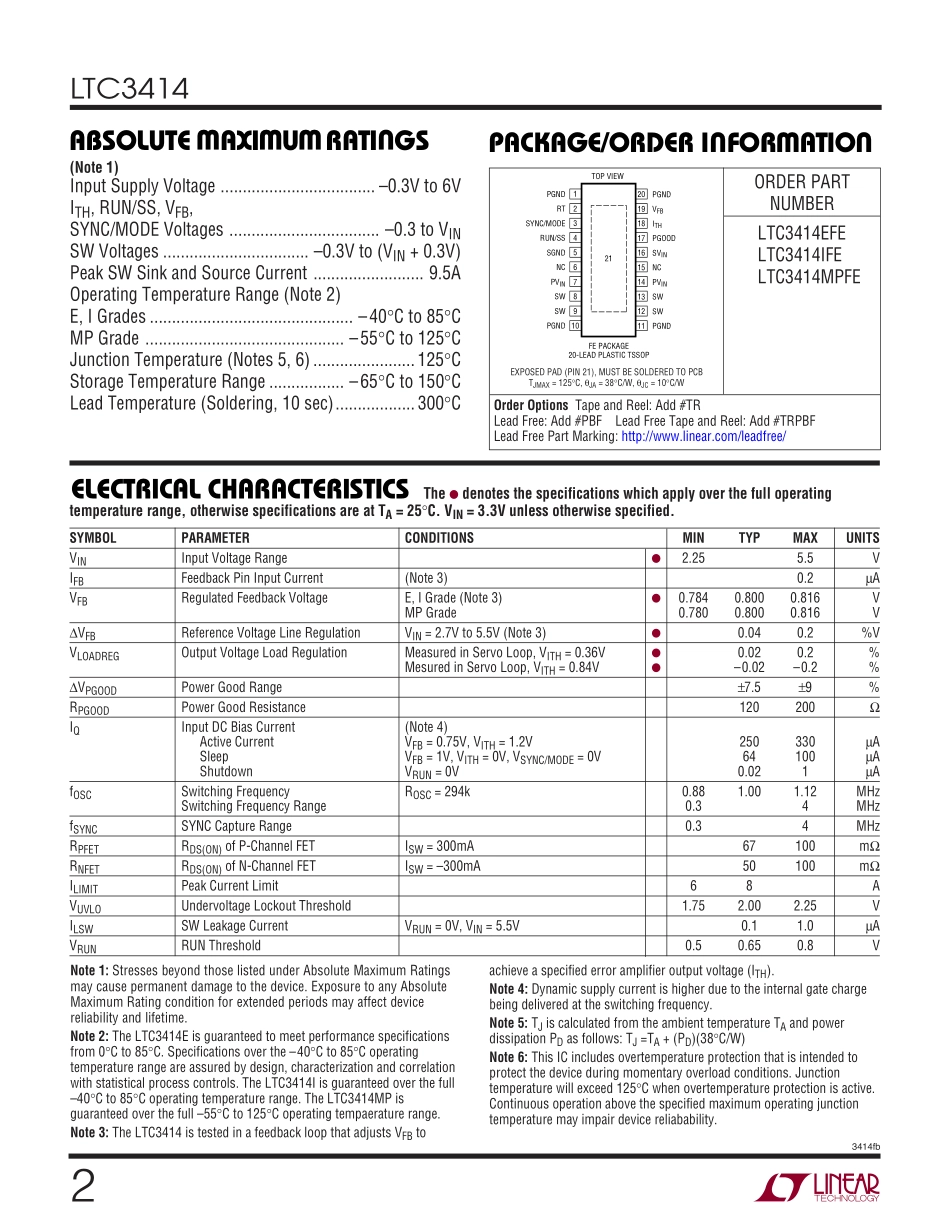 IC封装资料_电源管理芯片_LTC3414IFE_TRPBF.pdf_第2页