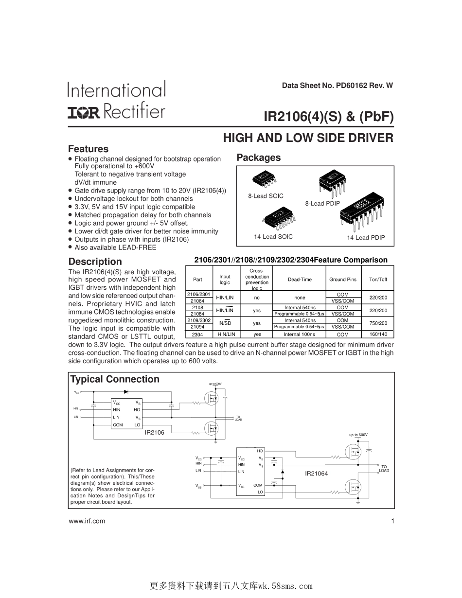 IC封装资料_电源管理芯片_IR2106STRPBF.pdf_第1页