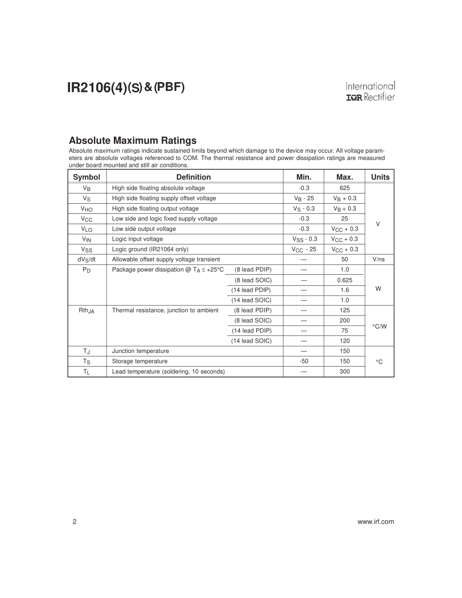 IC封装资料_电源管理芯片_IR2106STRPBF.pdf_第2页