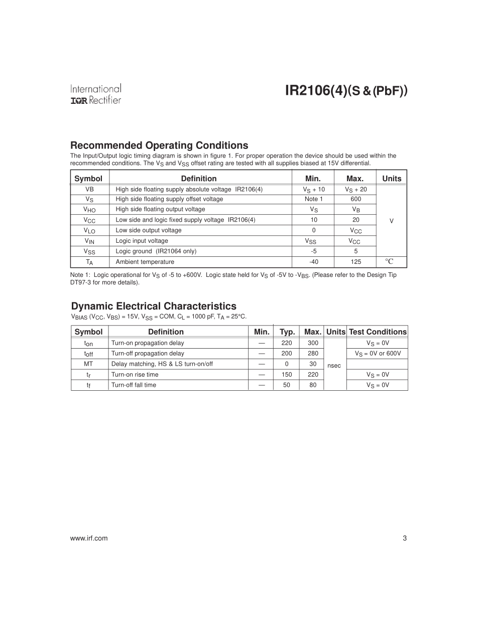 IC封装资料_电源管理芯片_IR2106STRPBF.pdf_第3页