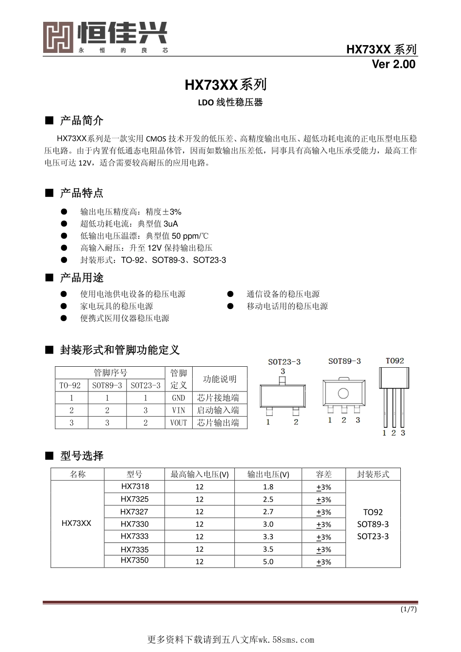 IC封装资料_电源管理芯片_HX7333 _SOT-89.pdf_第1页