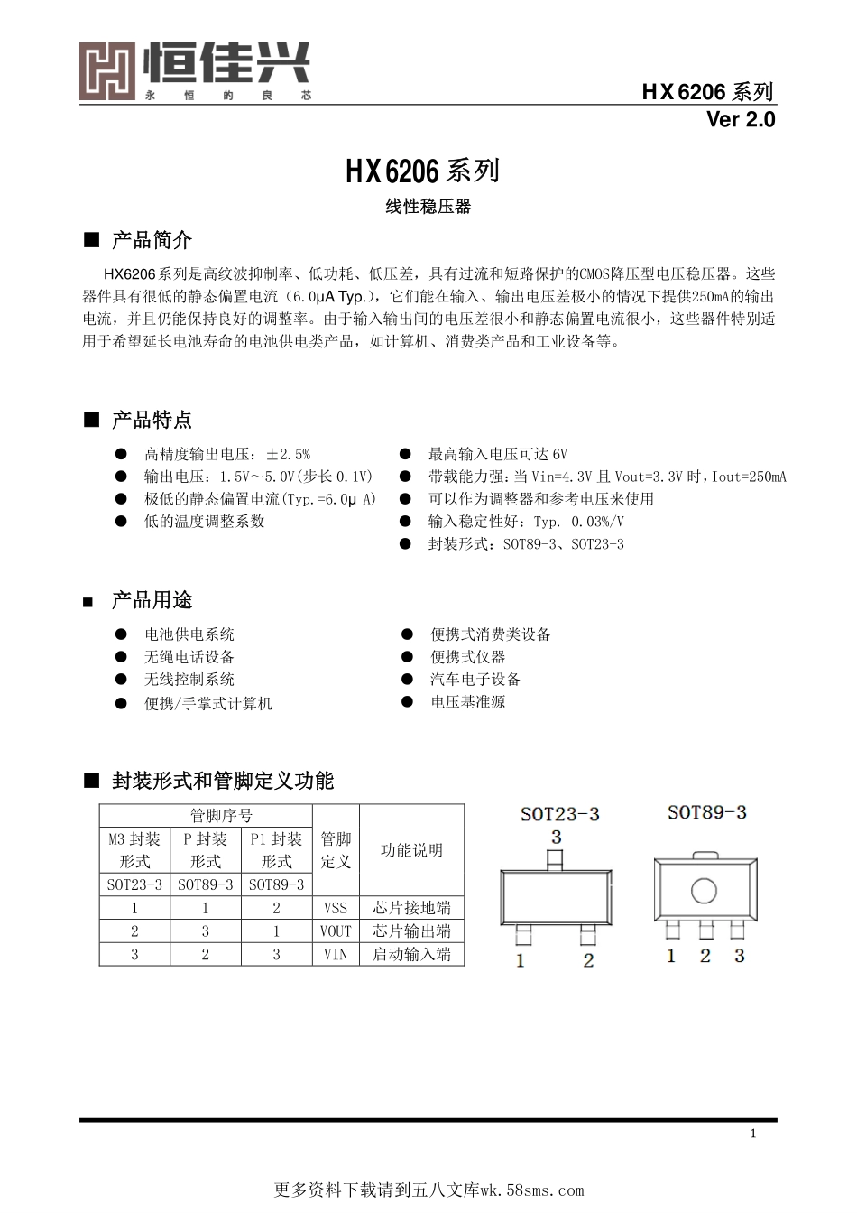 IC封装资料_电源管理芯片_HX6206P362MR _SOT-23.pdf_第1页