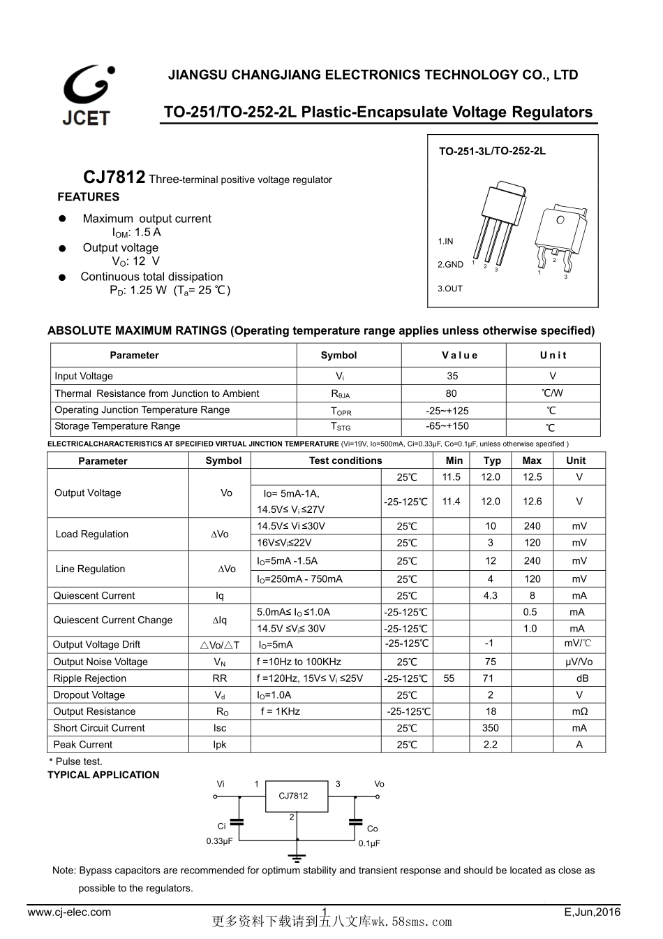 IC封装资料_电源管理芯片_CJ7812_TO-252-2L.pdf_第1页