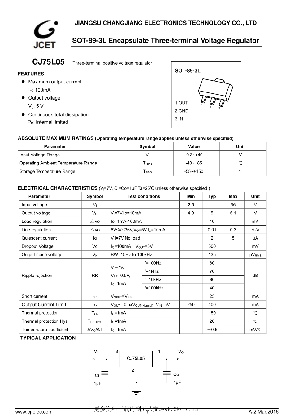 IC封装资料_电源管理芯片_CJ75L05_SOT-89.pdf_第1页