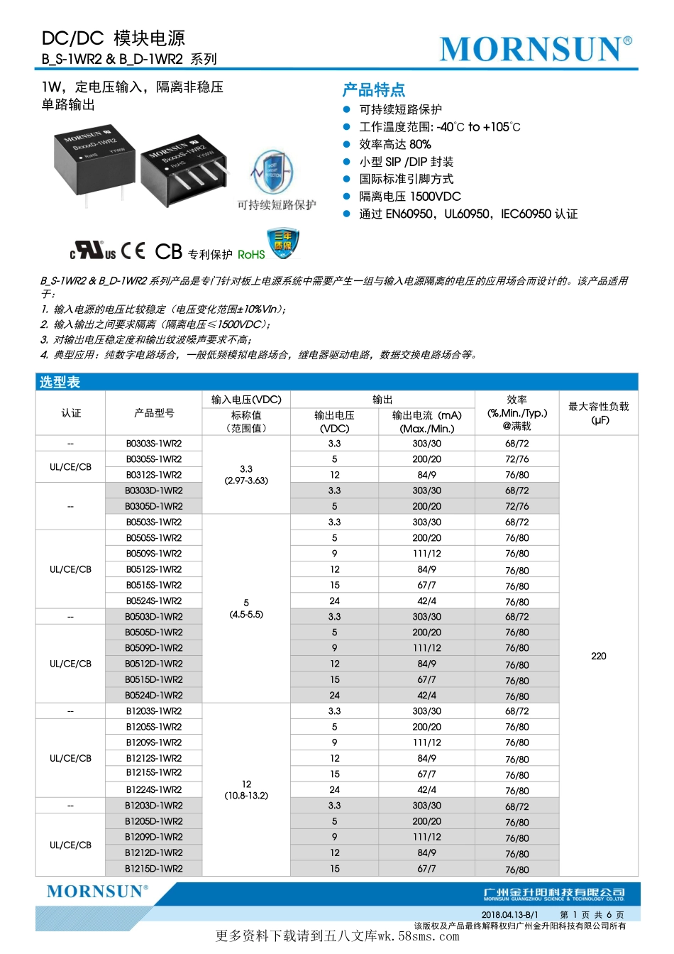 IC封装资料_电源管理芯片_B0505S-1WR2.pdf_第1页