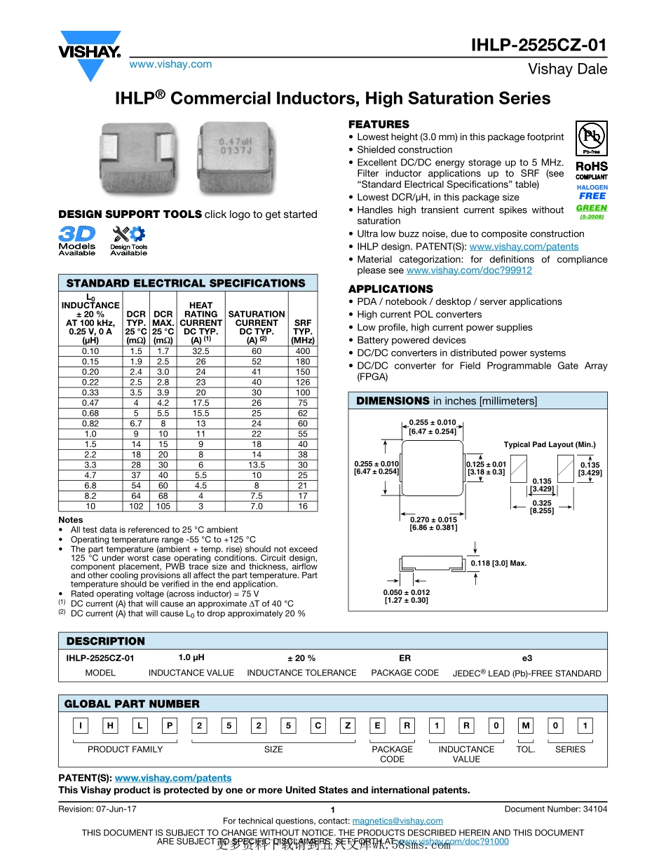 IC封装资料_电感_IHLP2525CZER1R5M01.pdf_第1页