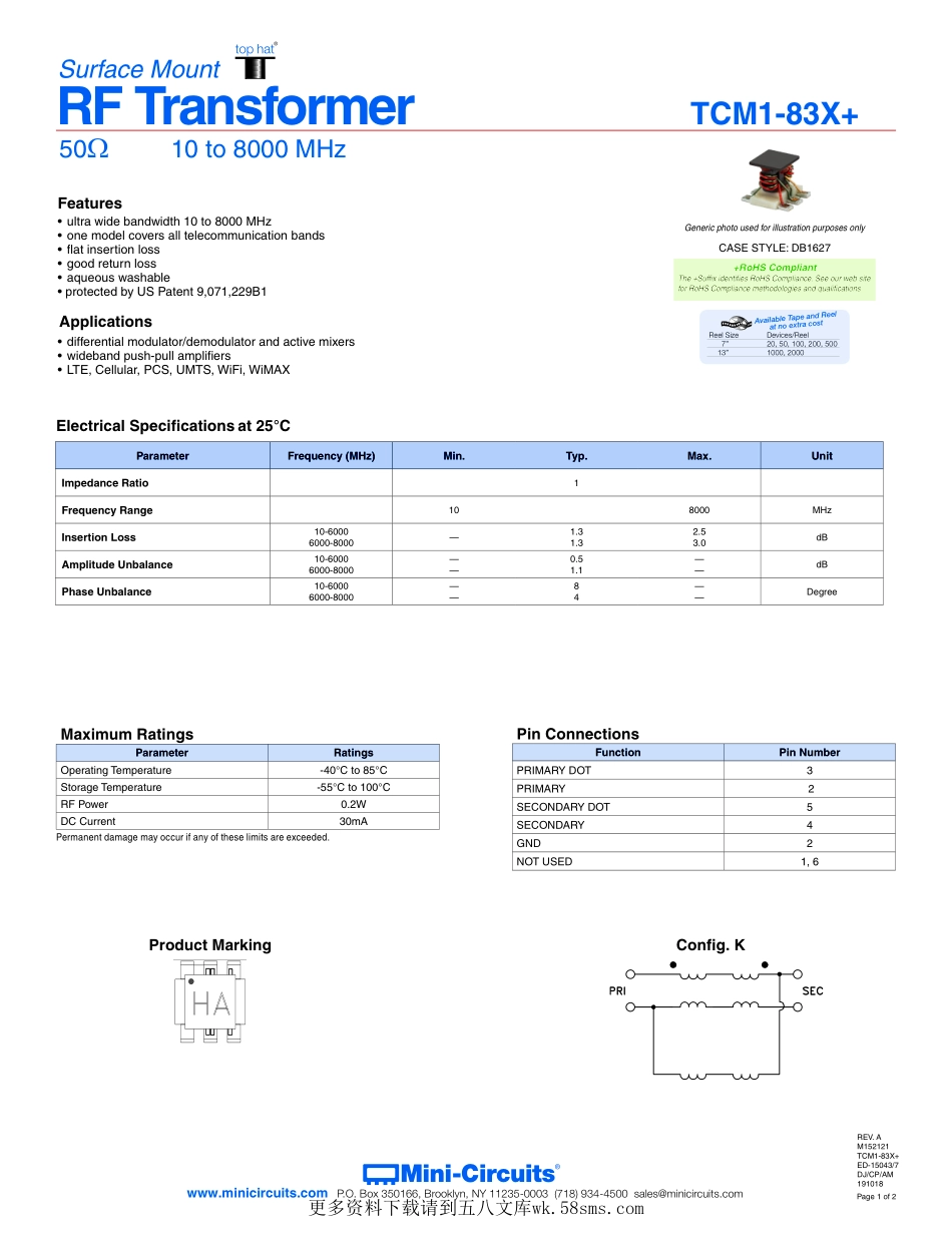 IC封装资料_变压器_TCM1-83X+.pdf_第1页