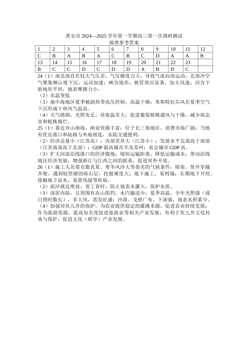 江苏省淮安市2025届高三上学期第一次调研测试地理答案.docx_第1页