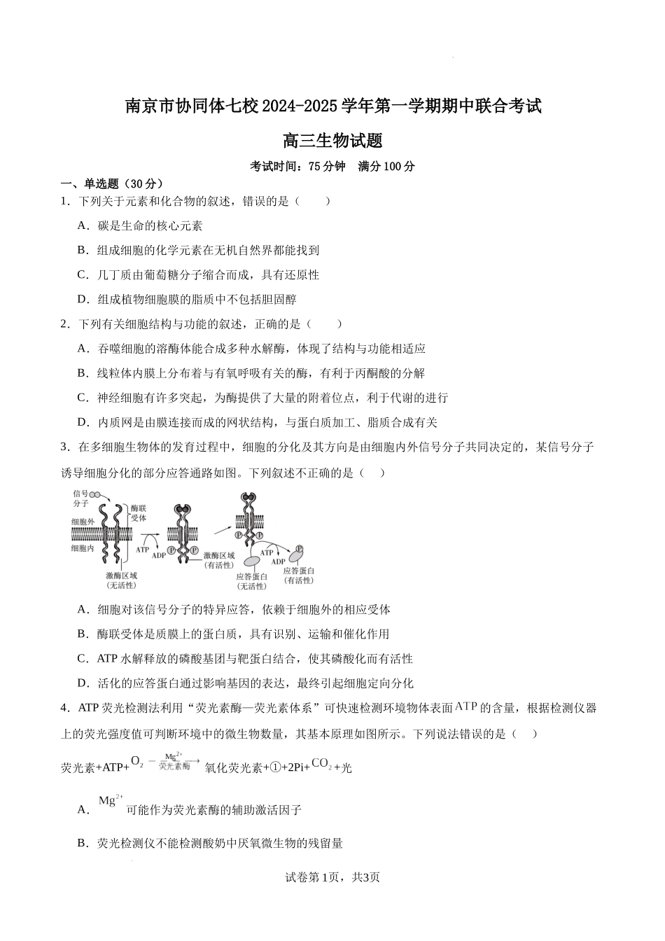 江苏省南京市协同体七校2024-2025学年高三上学期期中联合考试生物试题（原卷版）.docx_第1页