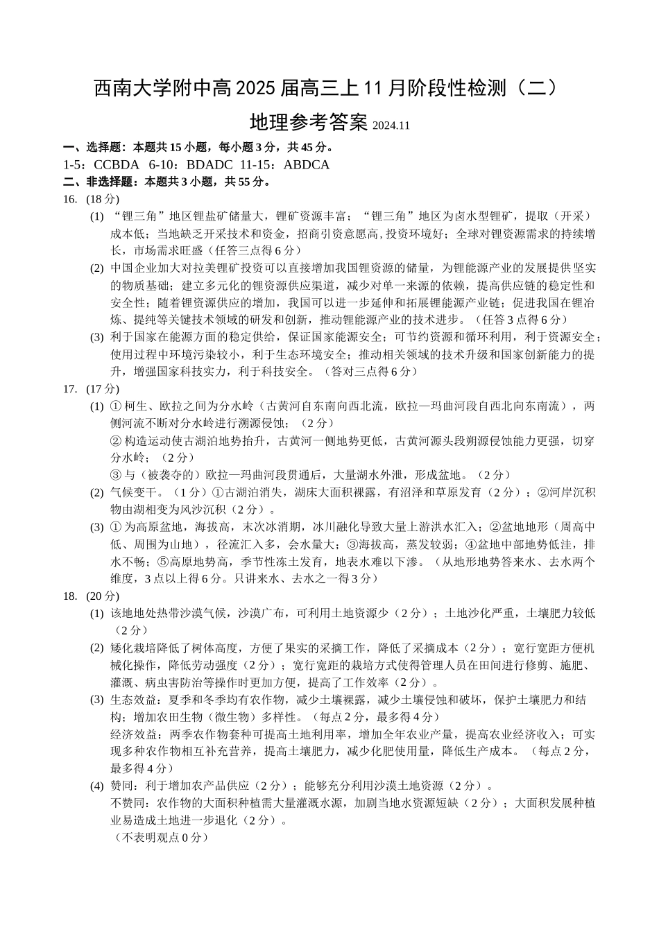 西南大学附属中学高2025届高三上11月阶段性检查地理答案（定稿）.docx_第1页