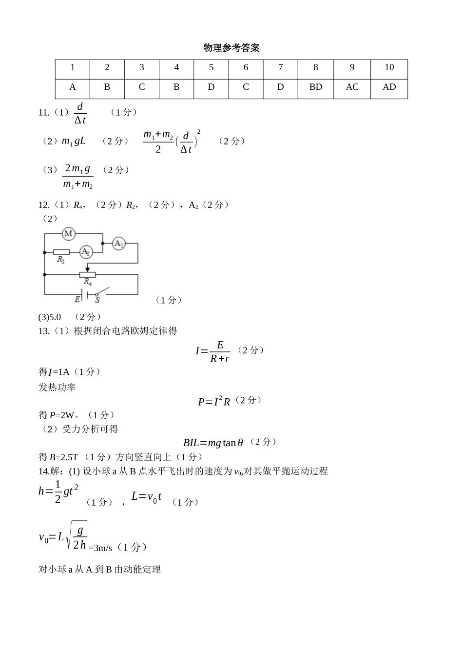 西南大学附属中学高2025届高三上11月阶段性检查物理参考答案高三.docx_第1页