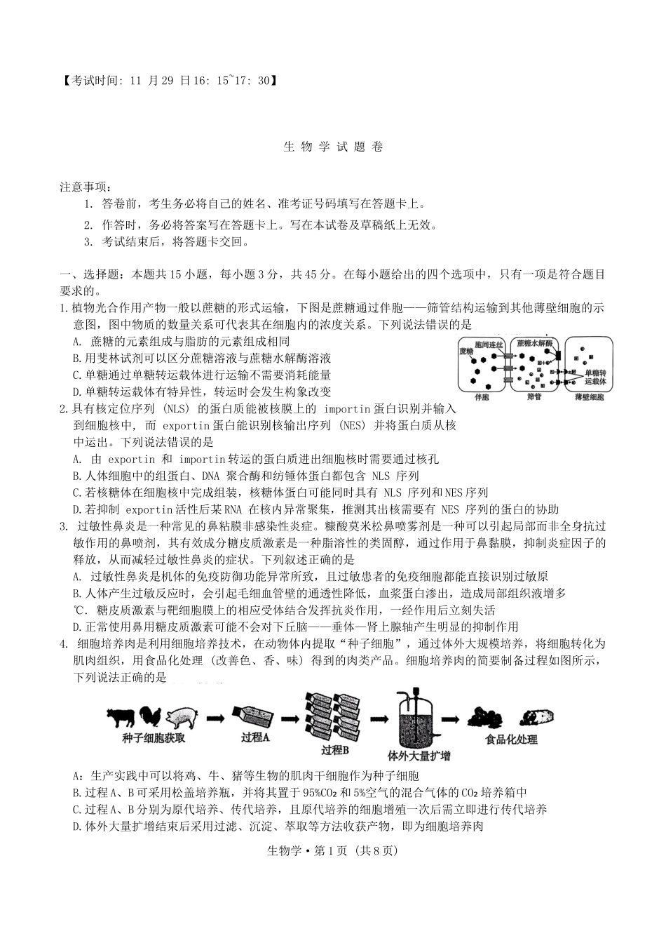 重庆市第一中学校2024-2025学年高三上学期11月期中生物学试题卷.docx_第1页