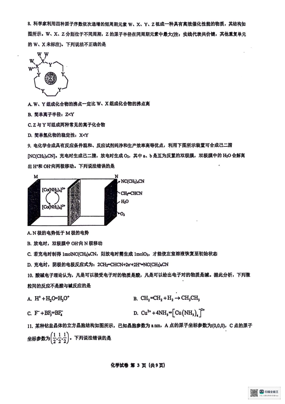 广西南宁市第二中学2024-2025学年高三上学期11月月考化学.pdf_第3页