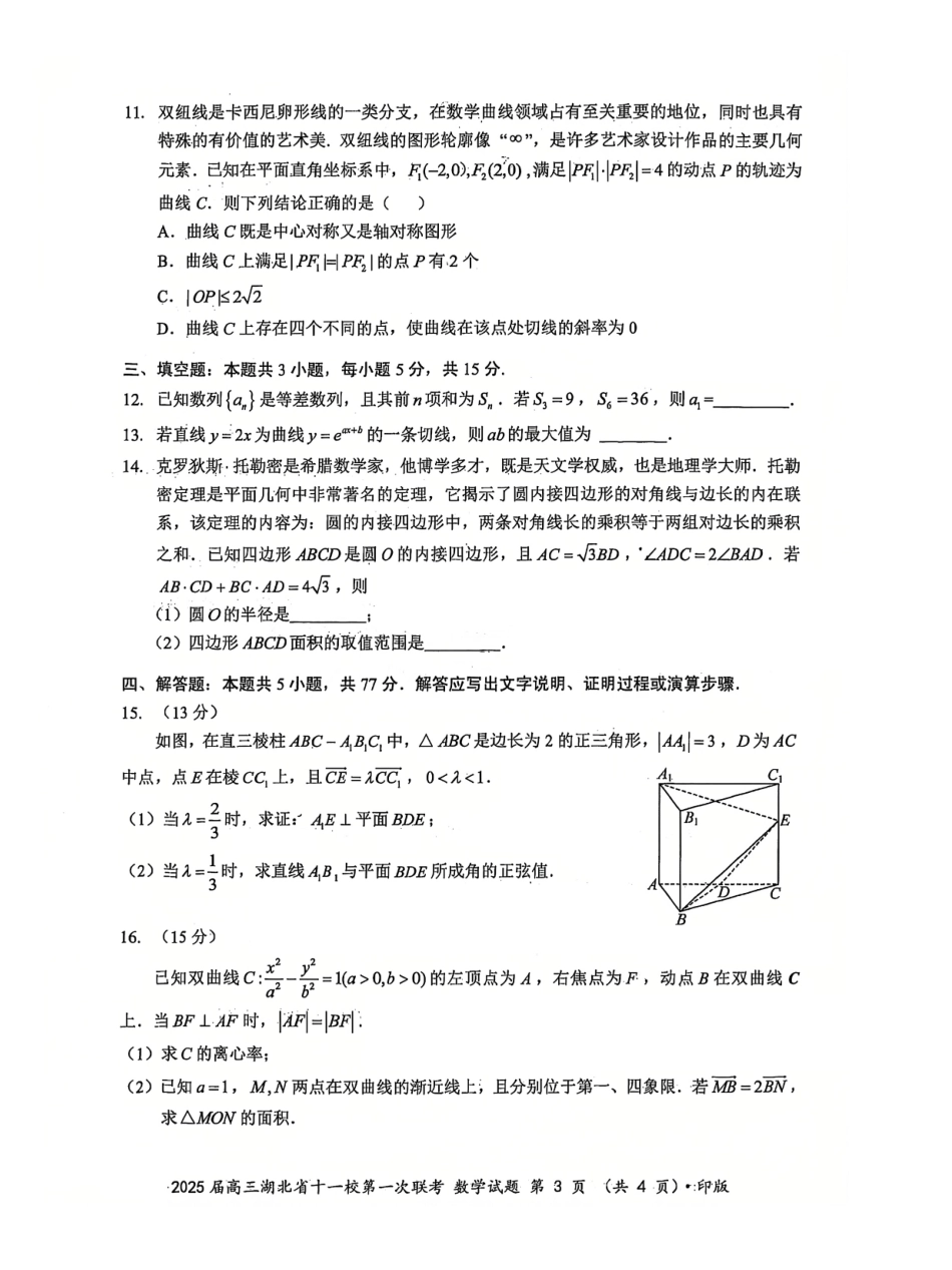 湖北十一校2025届高三12月联考数学试卷含答案.pdf_第3页