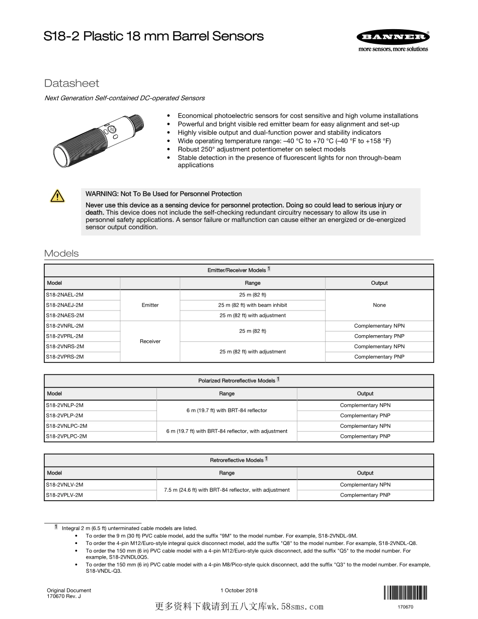 IC资料_S18-2VPFF150-2M (BANNER).pdf_第1页