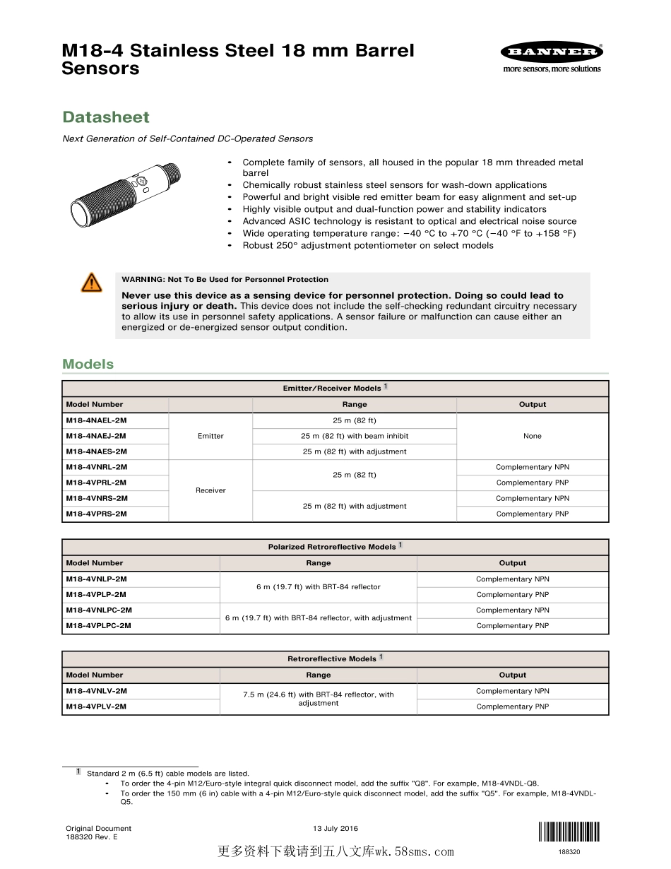 IC资料_M18-4VNRS-2M (BANNER).pdf_第1页