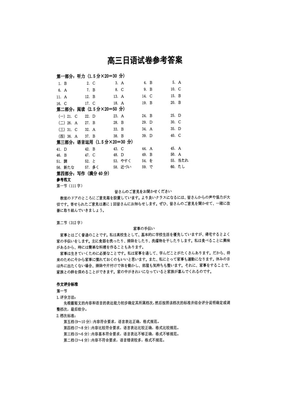 浙江省绍兴市诸暨市2024年12月高三诊断性考试试题日语答案.pdf_第1页