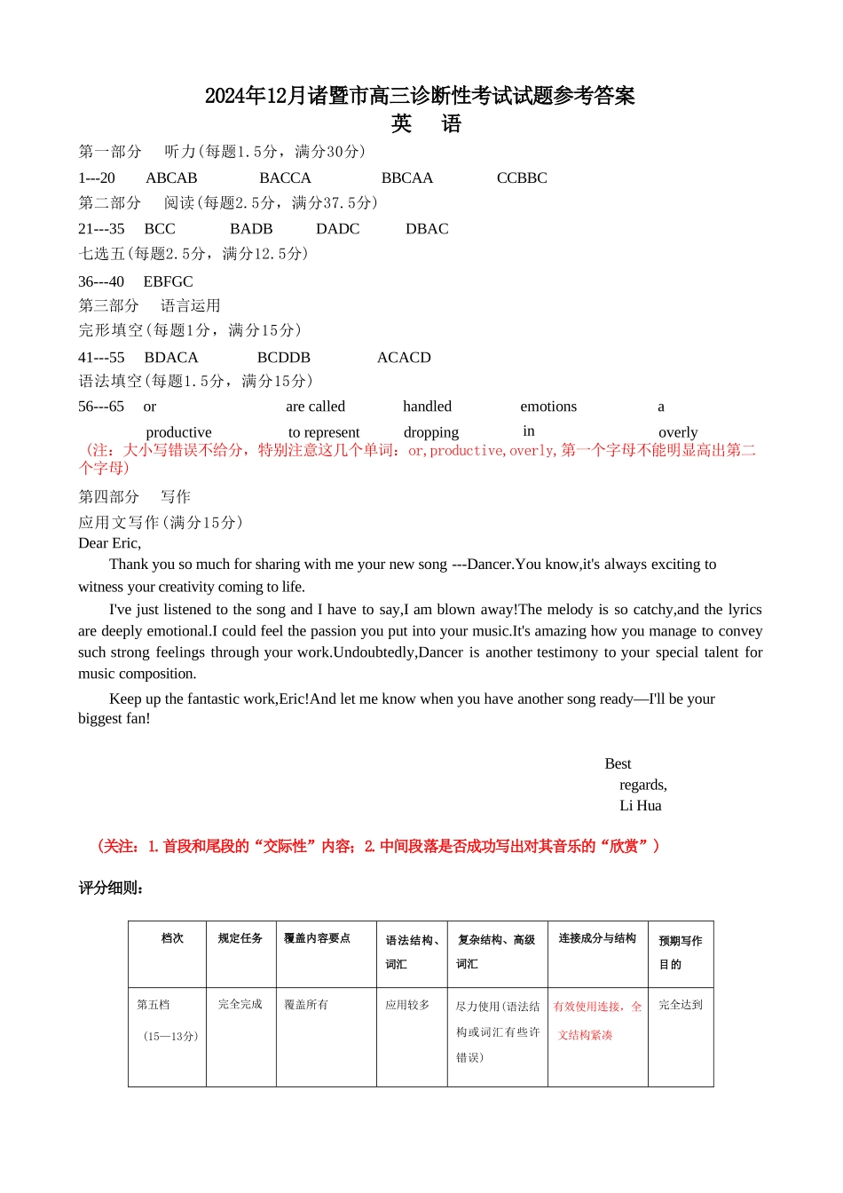 浙江省绍兴市诸暨市2024年12月高三诊断性考试试题英语答案.doc_第1页