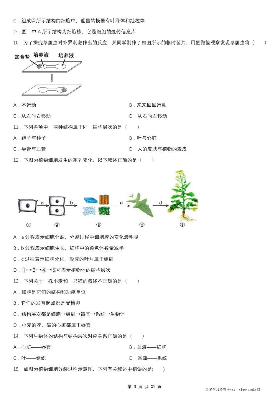 【七上生物】第二单元 第二章 细胞怎样构成生物体 单元测试卷（人教版）.pdf_第3页